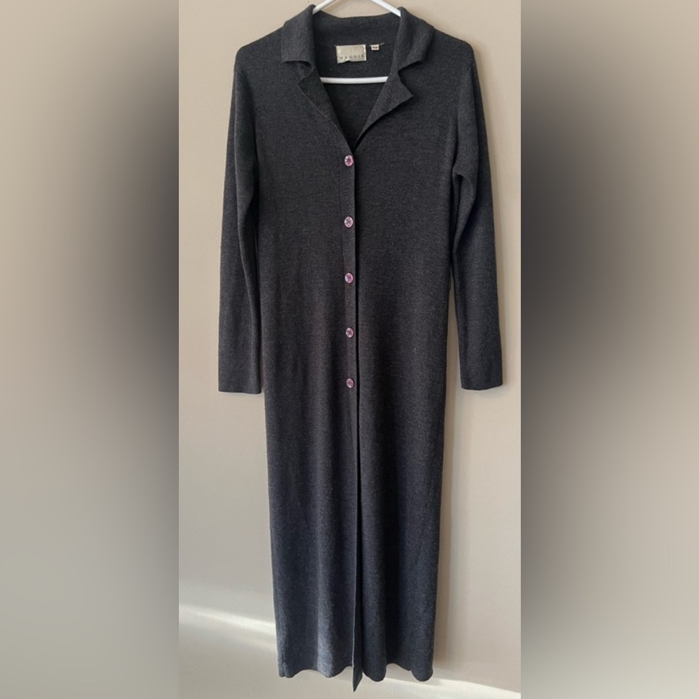 Long Black Button-Front Ribbed Cardigan Sweater - Picture 2 of 7